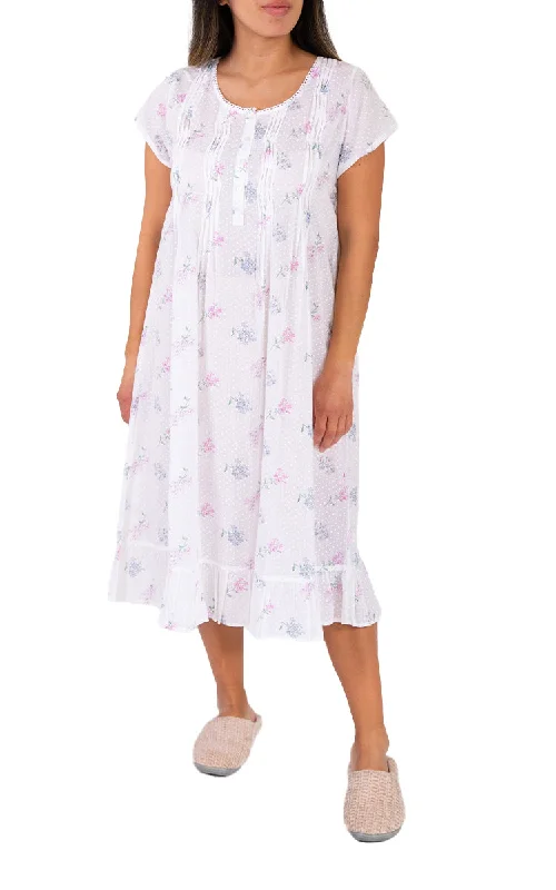 French Country 100% Cotton Nightgown with Cap Sleeve in White Floral FCT144V