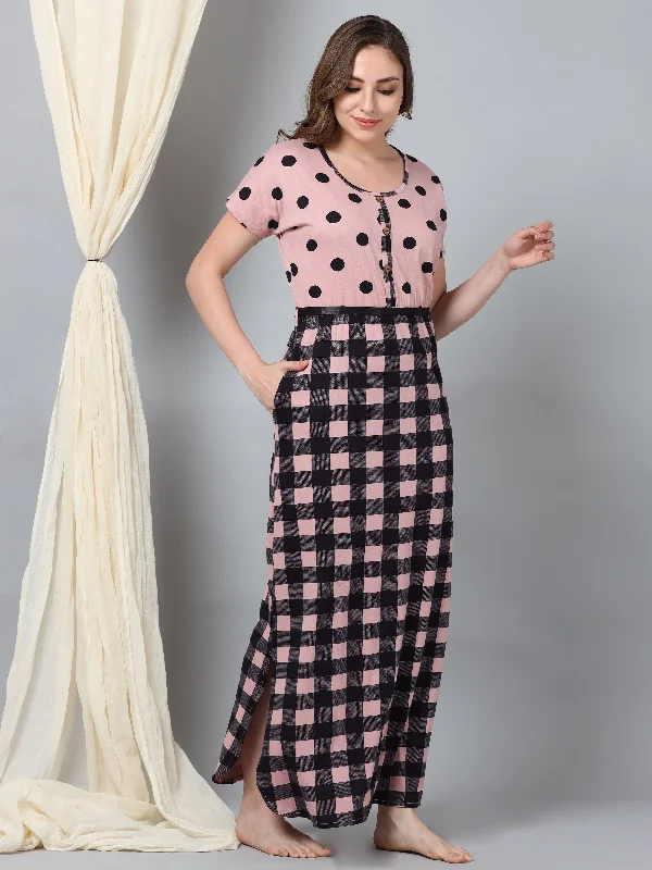 Hosiery Cotton Designer Maxi Pink Black Nighty