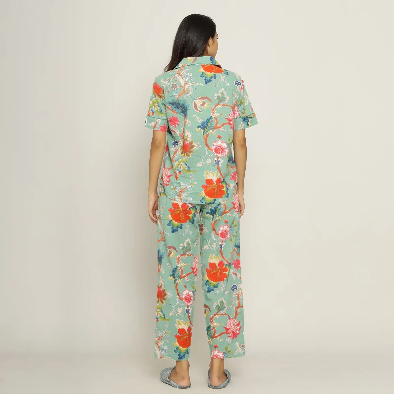 Green Cotton Printed Night Suit Set with Pajama